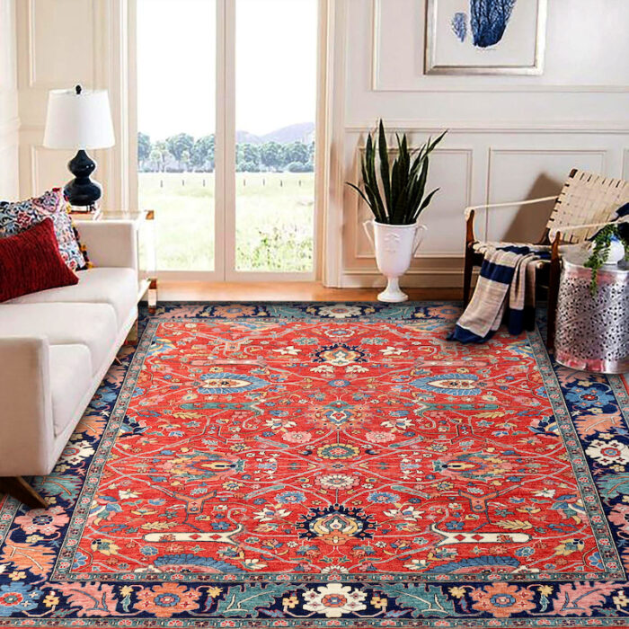 Traditional wool rug with detailed Persian patterns in red, navy blue, ivory, and gold, perfect for elegant home déco