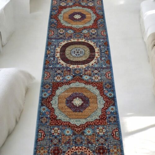 Shop a 2.7x10 extra-long blue and ivory Mamluk runner rug at our Berkeley, San Francisco, and San Rafael stores.