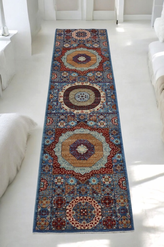 Shop a 2.7x10 extra-long blue and ivory Mamluk runner rug at our Berkeley, San Francisco, and San Rafael stores.