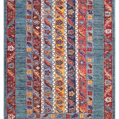 Persian Bijar hand-knotted wool rug with a striped tribal design in blue, red, gold, and ivory – 3'11" x 5'10