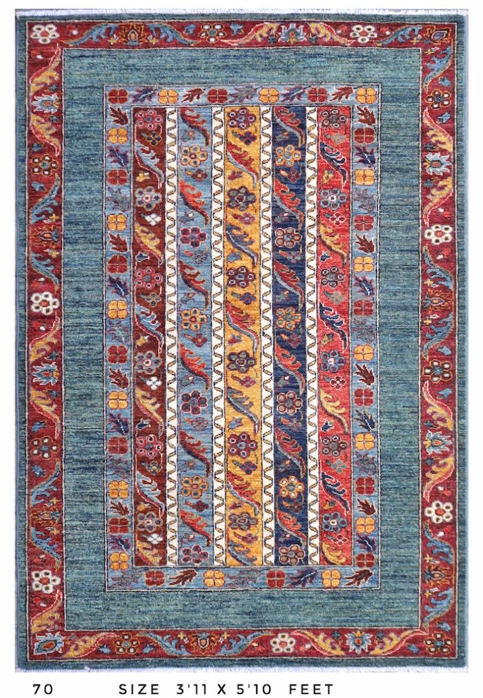 Persian Bijar hand-knotted wool rug with a striped tribal design in blue, red, gold, and ivory – 3'11" x 5'10