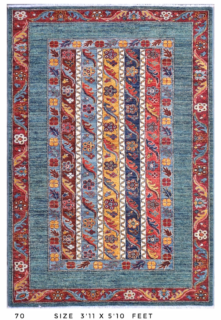 Persian Bijar hand-knotted wool rug with a striped tribal design in blue, red, gold, and ivory – 3'11" x 5'10