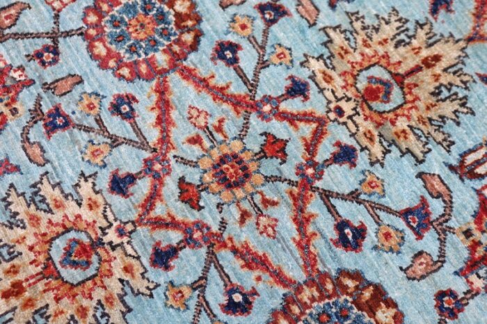 5x7 handmade wool rug with Persian-inspired floral design in sky blue, red, and navy – washable and durable