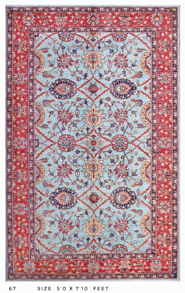 Persian-inspired wool rug in sky blue and brick red, designed for modern and traditional home decor.