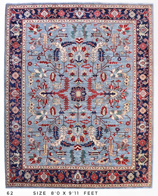 8x10 handmade Persian Heriz wool rug with intricate floral and geometric patterns in sky blue, red, and navy