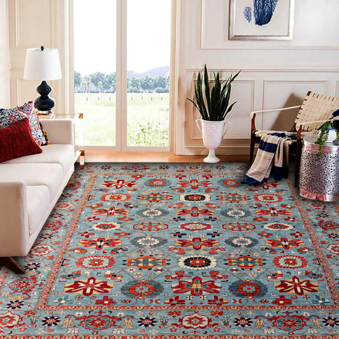 Hand-knotted Persian design wool rug in sky blue and red with intricate floral motifs – 9'0" x 11'10", available in San Francisco