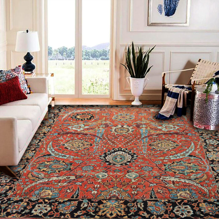 Handwoven 8x10 Mahal rug with burnt orange background and intricate Persian floral design