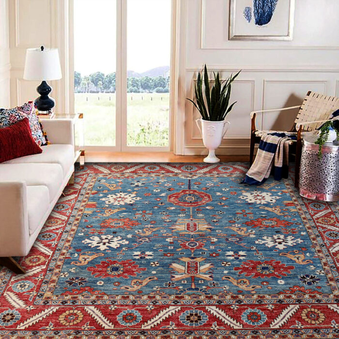 8x10 handmade Persian Heriz wool rug with intricate floral and geometric patterns in blue, red, and ivory