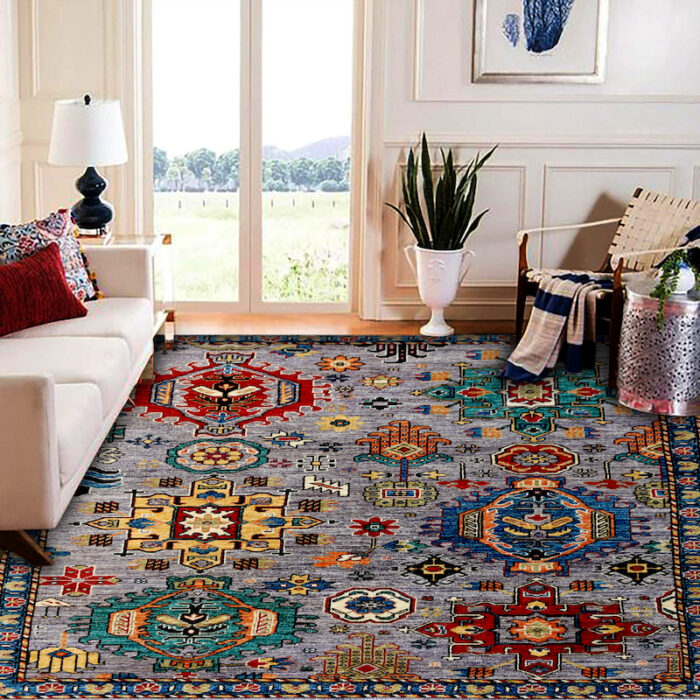 Handmade wool Kazak rug with rich colors and bold tribal medallions, perfect for entryways and small spaces