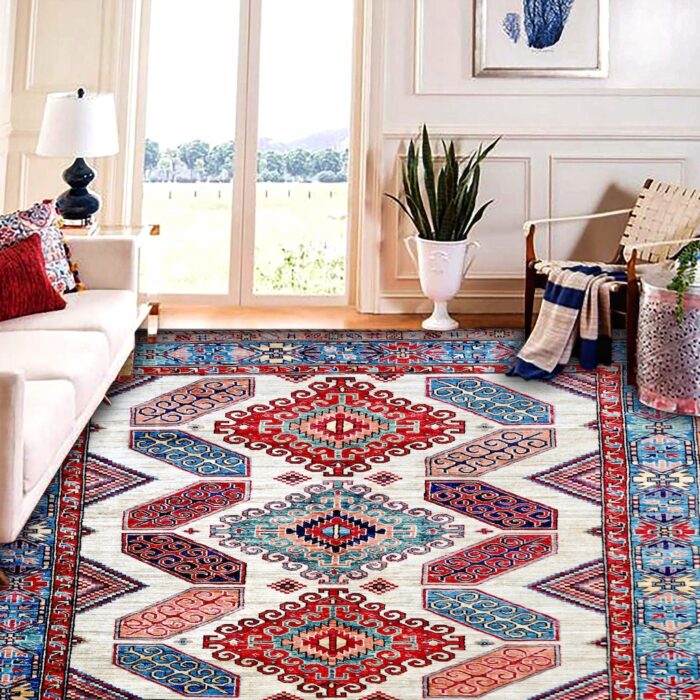 Hand-knotted 5x7 Persian-style Kazak rug, washable and vegetable-dyed for long-lasting colors