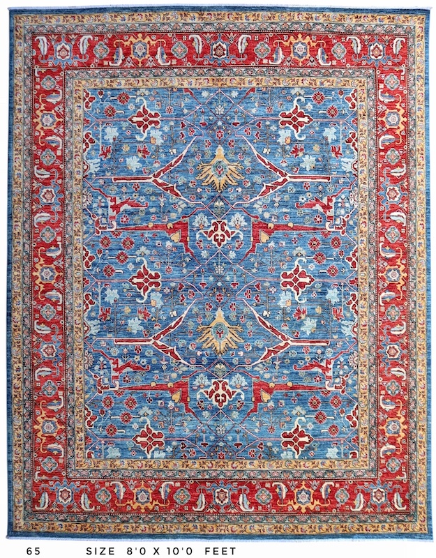 Hand-knotted traditional area rug with blue center and red border, featuring intricate floral and geometric patterns – 8' x 10