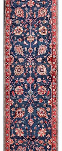 2'7 x 11'6 handmade wool hallway runner with navy blue and red Persian-style design – natural dye, durable, and elegant