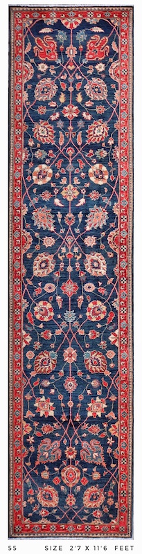 2'7 x 11'6 handmade wool hallway runner with navy blue and red Persian-style design – natural dye, durable, and elegant