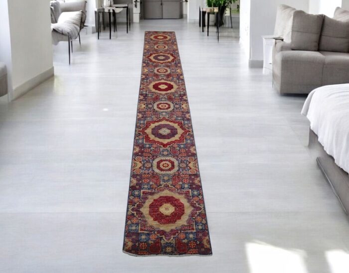 Traditional wool Mamluk runner rug in navy, ivory, and rust red with ornate border design.