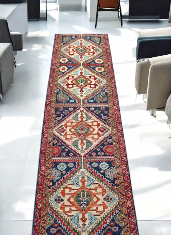 Traditional Heriz rug with bold medallion patterns, perfect for hallways and entryways