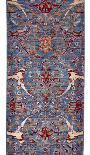 Long blue and ivory Serapi-style runner rug, ideal for hallways and entryways