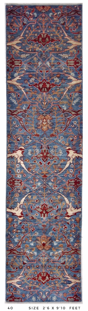 Long blue and ivory Serapi-style runner rug, ideal for hallways and entryways