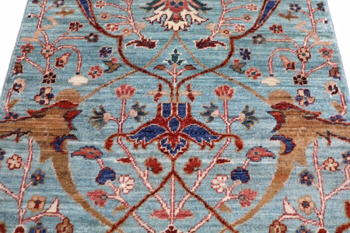 Durable 2.5x9.9 Persian-style Ziegler rug in soft teal, beige, and deep navy.