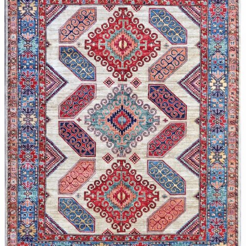 Authentic handmade 5x7 Kazak rug with intricate tribal patterns and a vintage aesthetic