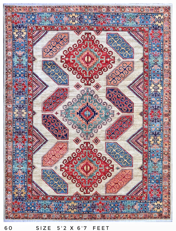 Authentic handmade 5x7 Kazak rug with intricate tribal patterns and a vintage aesthetic