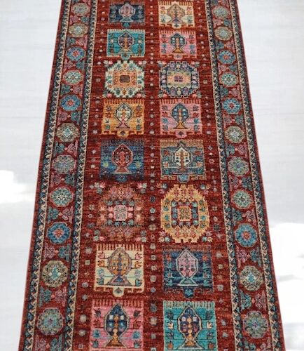 Hand-knotted 2.4x10 Kazak runner rug, perfect for high-traffic hallways and entryways.