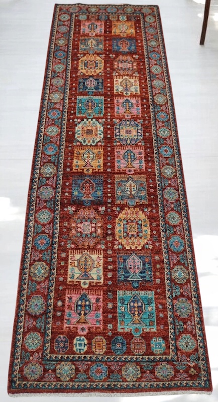 Hand-knotted 2.4x10 Kazak runner rug, perfect for high-traffic hallways and entryways.