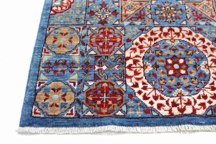 Handwoven 2.7x10 blue and red Mamluk runner rug available in Berkeley, San Francisco, and San Rafael.