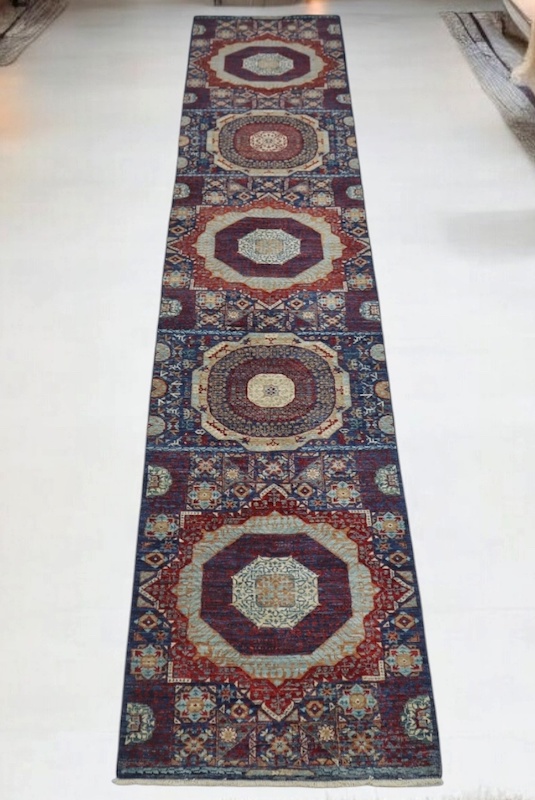 Washable 2.6x13 blue and gold Mamluk rug with intricate medallion patterns, stain-resistant.