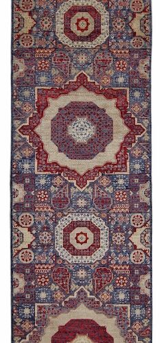 Handmade 2'6 x 19'5 wool hallway runner with geometric Mamluk medallion design