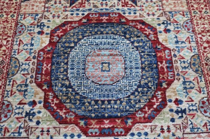 Durable 2.4x17.6 Mamluk runner rug with beige, gold, and blue geometric designs.