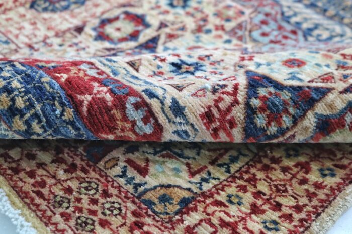 Washable 2.4x17.6 red and navy Mamluk rug, perfect for entryways and kitchens.