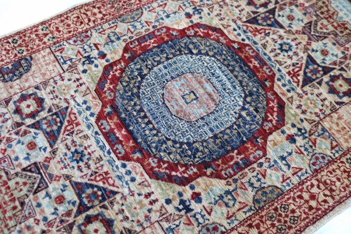 Hand-knotted 2.4x17.6 beige, blue, and rust Mamluk rug, ideal for long hallways.