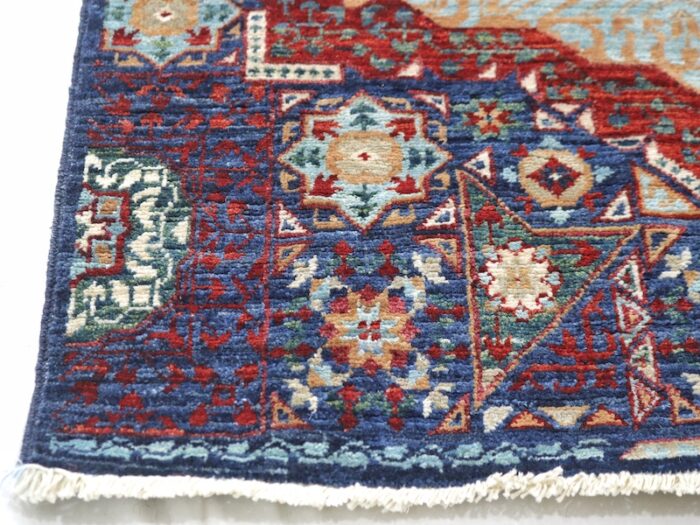 Luxury 2.6x13 navy and red Persian-style Mamluk runner rug for kitchens and hallways.