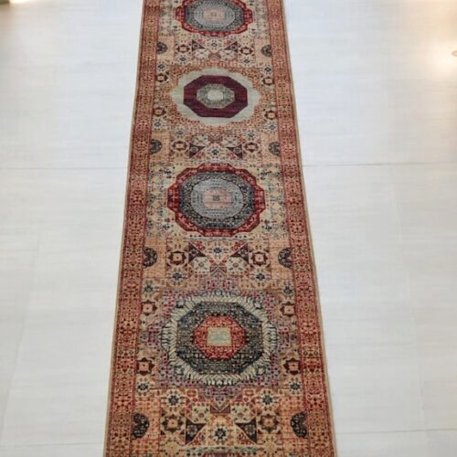 Elegant 2.4x17.6 Persian-style Mamluk runner with bold red and soft ivory tones.