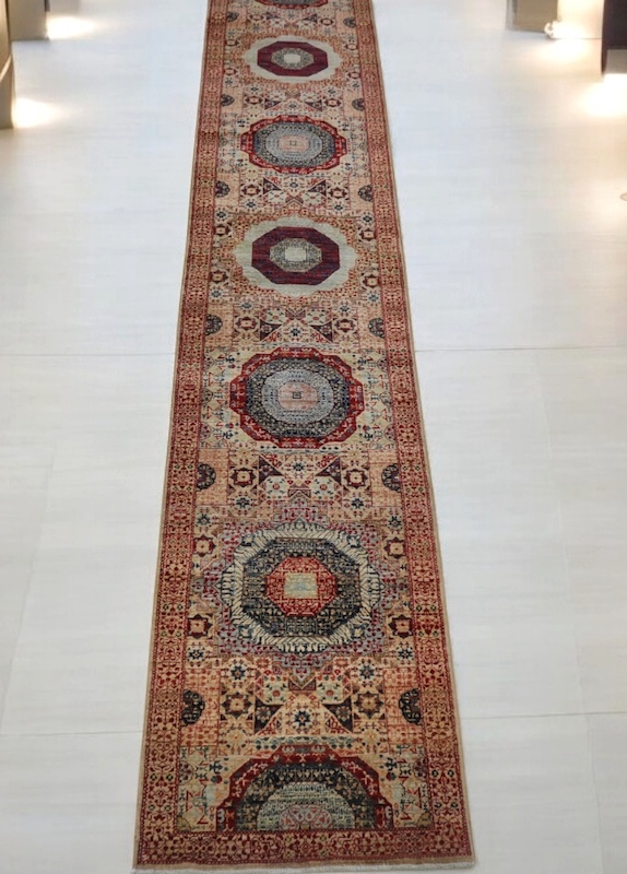 Elegant 2.4x17.6 Persian-style Mamluk runner with bold red and soft ivory tones.