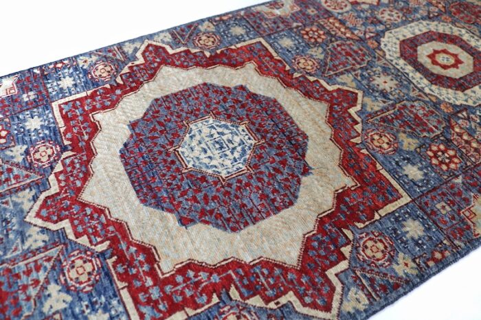 Hand-knotted wool Mamluk hallway runner featuring geometric patterns and rich colors