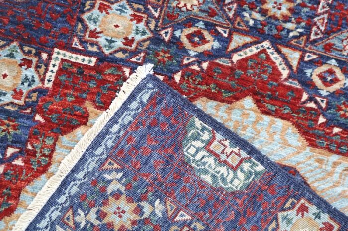 Hand-spun wool 2.6x13 Mamluk runner rug in deep blue, rust, and taupe, fade-resistant colors.