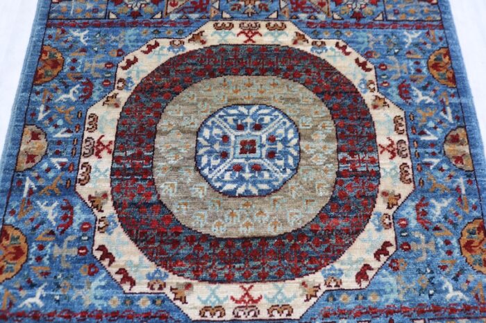 Extra-long 2.7x10 Persian Mamluk hallway runner rug with intricate medallion design in blue and beige.