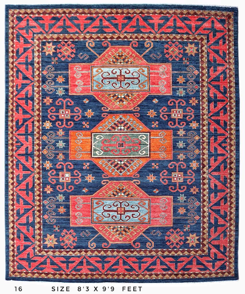 Luxury hand-knotted Kurdish tribal rug with bold colors and intricate patterns.