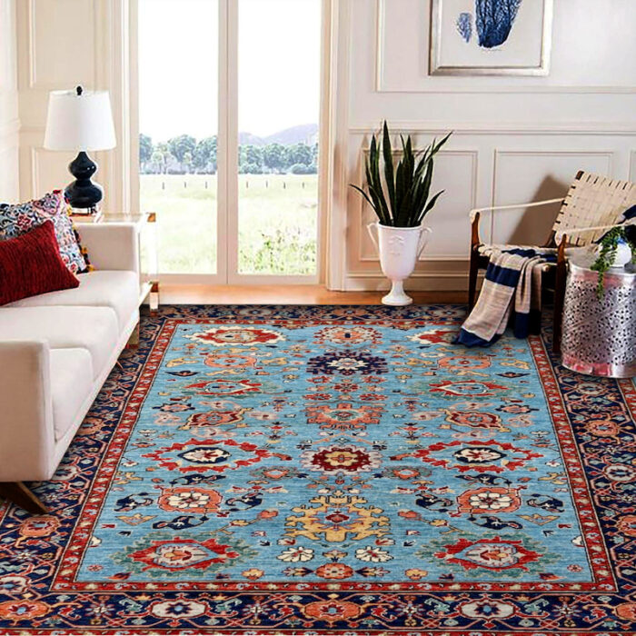 Traditional 5x7 Persian-style Heriz rug with a sky blue background and intricate medallion motifs