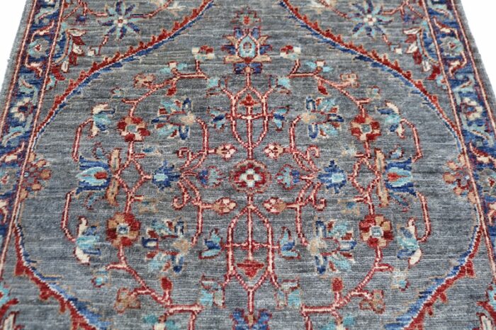 Extra-long 33x12 Persian Heriz hallway runner in red and blue – in stock in Berkeley.