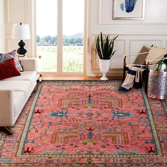 Traditional 6x9 Persian-style Heriz rug with a warm coral background, sky blue motifs, and intricate borders