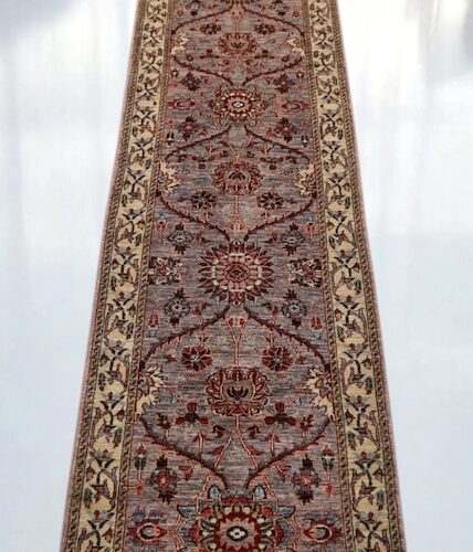 Low-pile 2.6x13.9 gray and ivory Tabriz rug, perfect for hardwood floors and hallways.