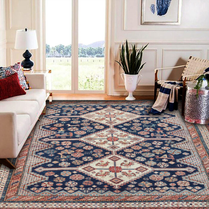 Handmade 5x7 Persian-style Shiraz rug with rich colors, bold medallions, and detailed borders