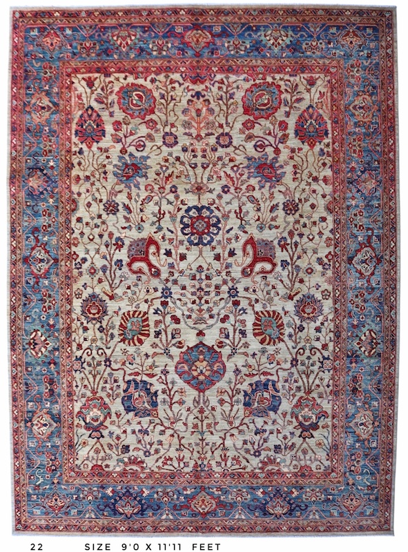 Hand-knotted Persian Tehran rug with elegant floral borders and rich colors.