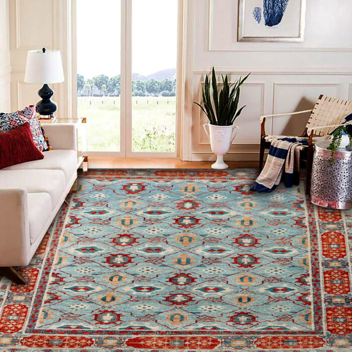 Handmade wool Kazak rug with rich colors and bold tribal medallions, perfect for entryways and small spaces