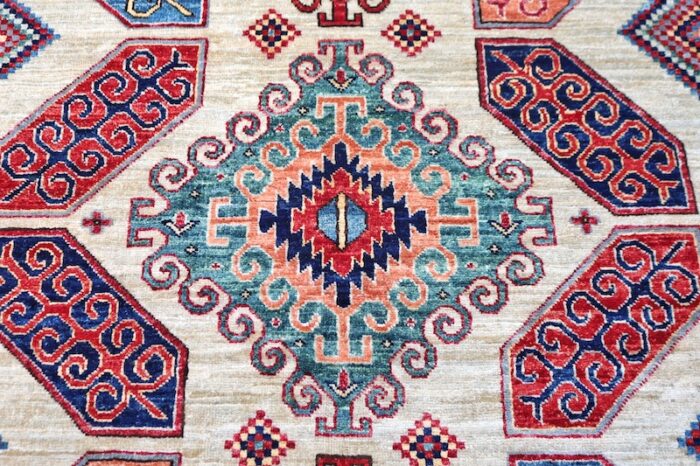 Luxury handwoven Kazak rug, crafted with natural wool and eco-friendly vegetable dyes