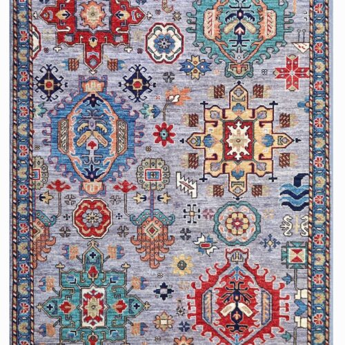 4x6 handmade wool Kazak rug with tribal medallions and geometric designs in gray, blue, red, and green