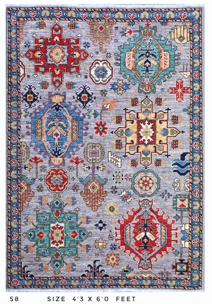 4x6 handmade wool Kazak rug with tribal medallions and geometric designs in gray, blue, red, and green