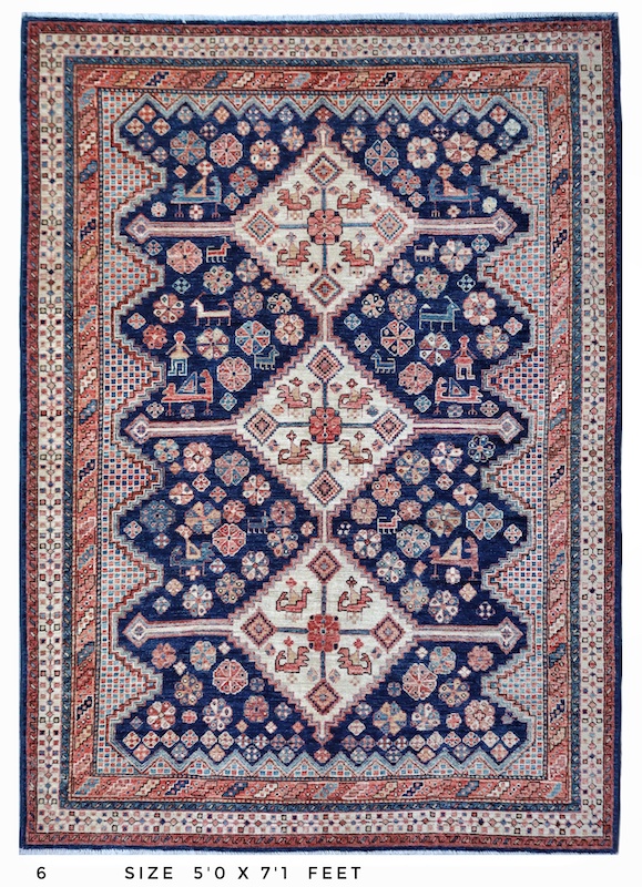 Handmade 5x7 Persian-style Shiraz rug with rich colors, bold medallions, and detailed borders